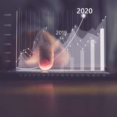 Augmented reality (AR) financial charts showing growing revenue In 2020 floating above digital screen smart phone, businesswoman having meeting about strategy for growth and success