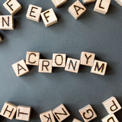 the word acronym wooden cubes with burnt letters, use of acronyms in the modern world, gray background top view, scattered cubes around random letters